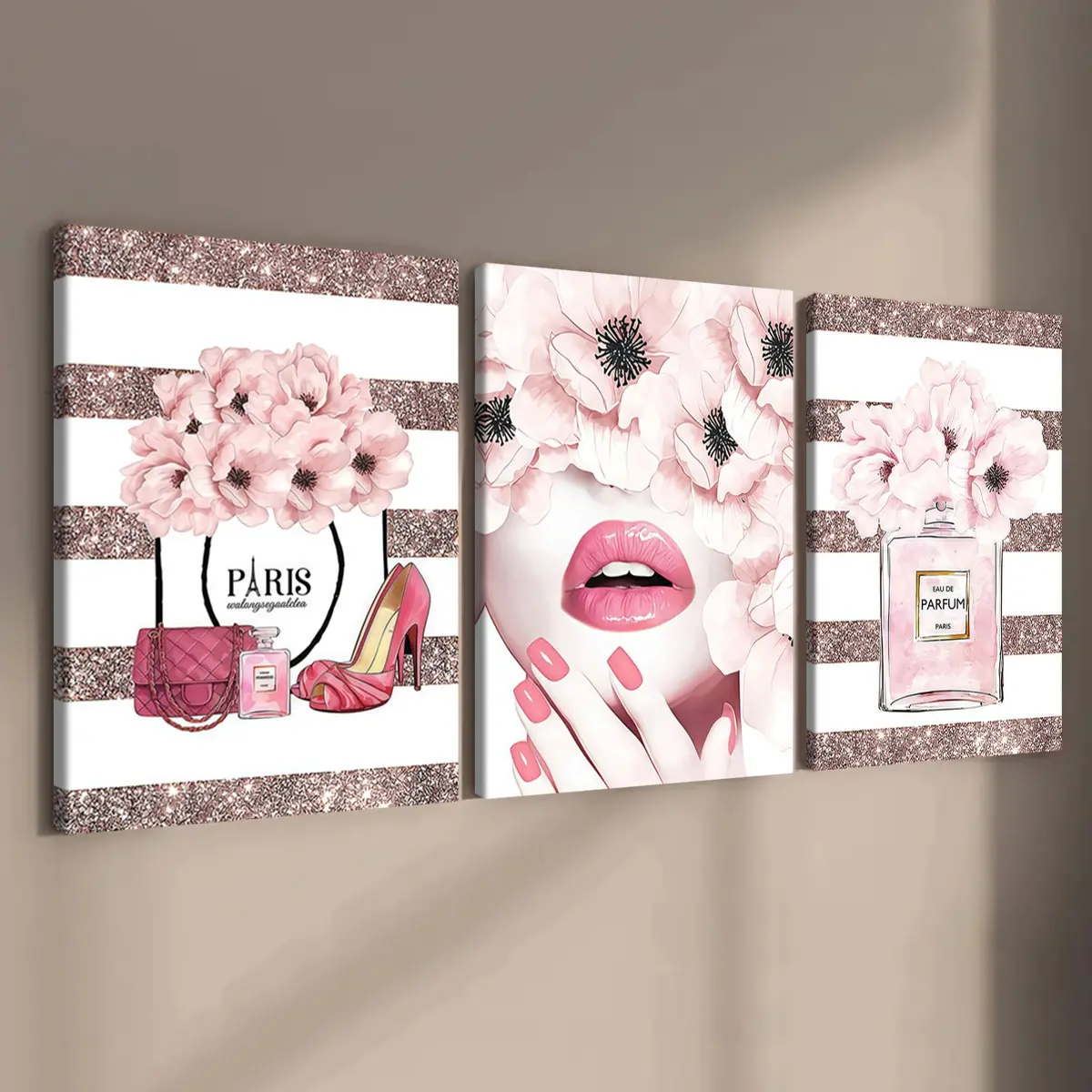 3-count wooden frame canvas, Parisian sweet beauty and perfume theme poster, Floral Aesthetic Pattern, Rose Print, female poster, perfect living room and bedroom decoration, Modern home decor, corridor wall art, waterproof, art