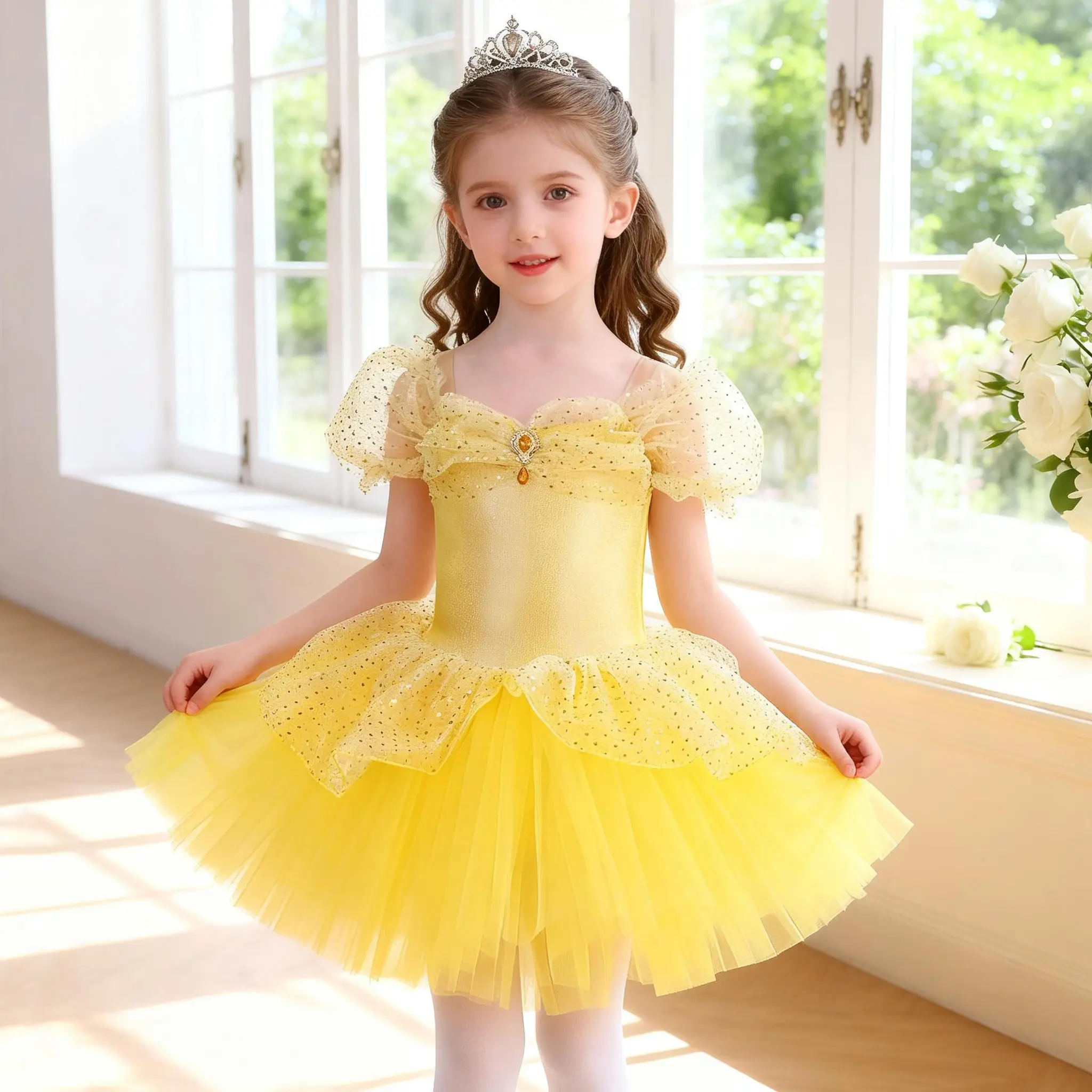 Girls Yellow Princess Dress - Glitter Mesh Puff Sleeve Layered Tulle Tutu for Birthday Party & Cosplay