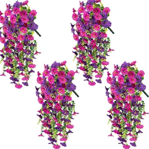 4PCS Front Door Hanging Artificial Fake Hanging Flowers Plants for Outdoor Spring Decoration, Fake Hanging Plant Spring Summer Decor, UV Resistant No Fade Faux Flower for Front Door Porch Planter Patio Yard Garden