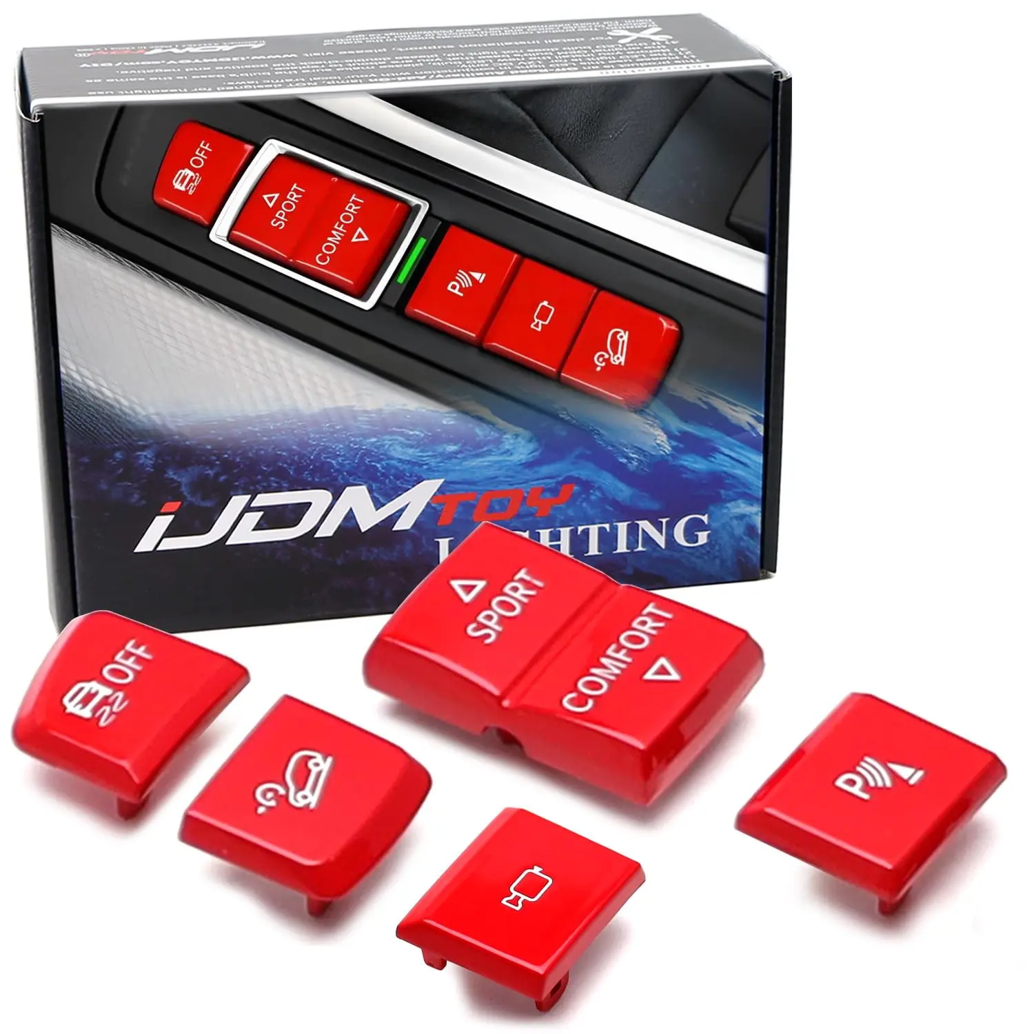 iJDMTOY 5pc Sports Red Center Console Traction Control, Drive Mode Selector, PDC, HDC, Camera Button Caps For BMW F15 X5 F16 X6