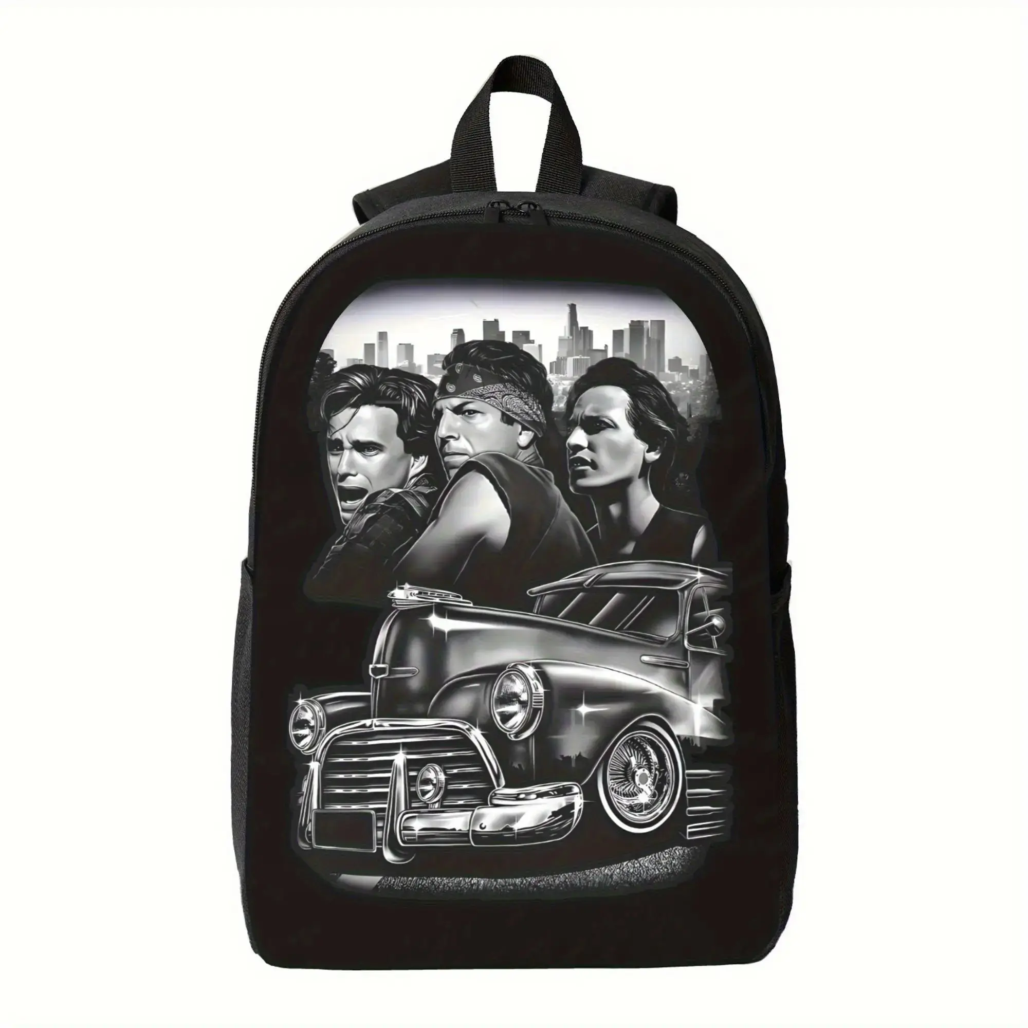 1pc "Blood in Blood Vatos Locos" Youth Backpack - Large Capacity, Adjustable Straps, Zipper Closure, Black with Vintage Car & Cityscape Print, Durable Polyester Lining, Perfect for School, Travel & Casual Use, Backpack for School, Travel Backpack, Bold G