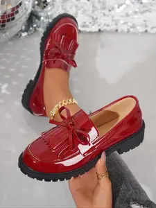 Women's Vintage Chunky Heel Loafers with Bow, Fashion Slip-On Oxford Shoes, Glossy Waterproof Casual Footwear for Ladies