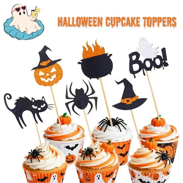 24 PCS Halloween Cupcake Toppers, Glitter Halloween Cake Picks, Ghost Pumpkin Bat Cat Spider Witch Hat Cupcake Decorations for Halloween Party Supplies