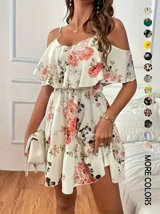 Women's Ditsy Floral Print Ruffle Trim A-Line Dress, Chic Casual Bohemian Short Dress with Butterfly Sleeves and Adjustable Straps for Daily and Vacation Wear, Ladies Summer Dress