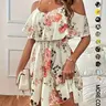 Women's Summer Casual Fashion Backless Strapless Ditsy Floral Dress, Boho Vacation Style Slimming Fit, Short Sleeve Fitted Dress, Bohemian Dress