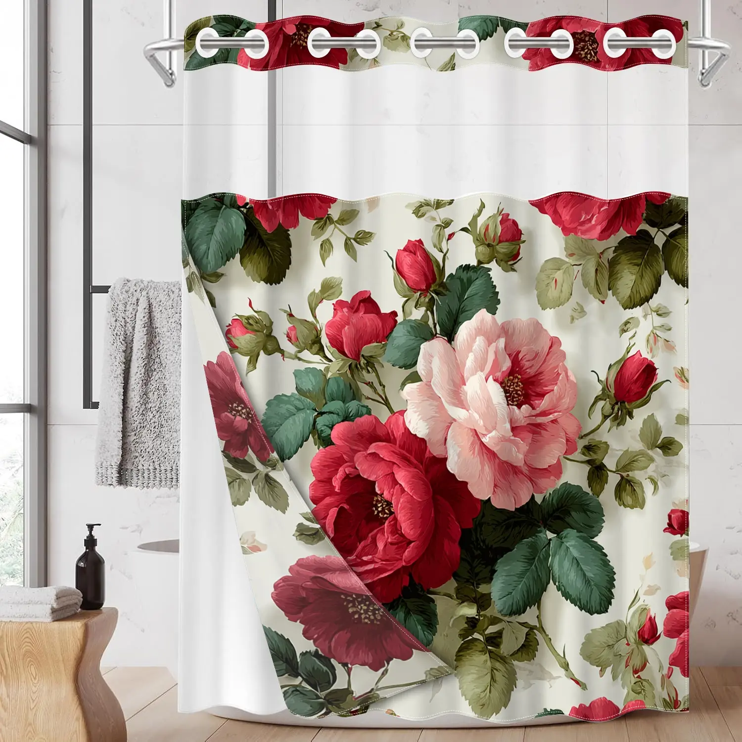 1pc hookless Shower Curtain, Printed shower curtain, Bathroom Accessory with snap fastener, retro red and pink rose 2D printing, fabric waterproof inner lining with transparent window double-layer, 71x74 inches, modern home decoration