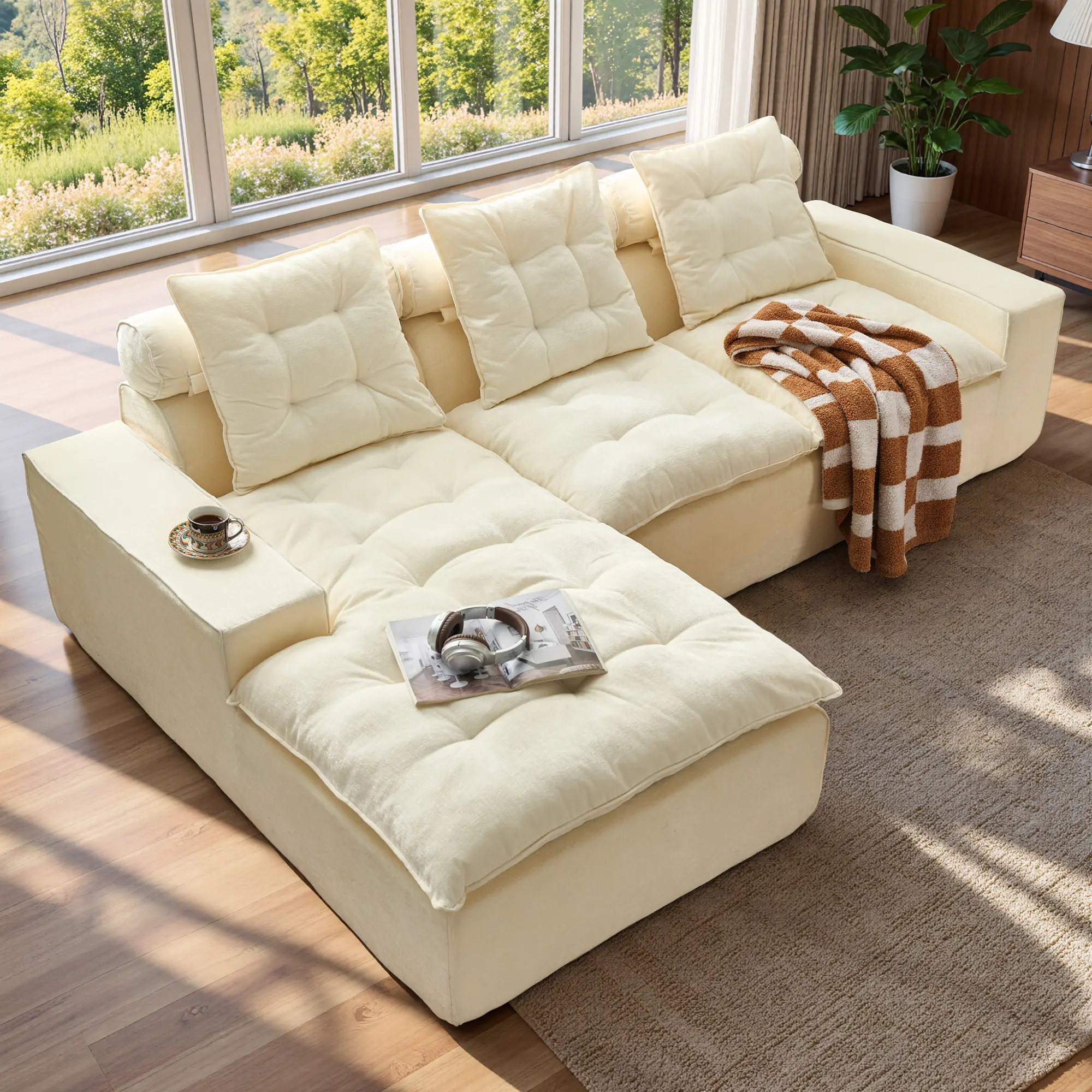 【Summerfinds】Ovios 106" Cloud Couch, Oversized Deep Seat Modular Chenille Sectional Sofa with Chaise, No Assembly Convertible L-Shaped Couch for Living Room, Apartment & Home Theater, Cream White