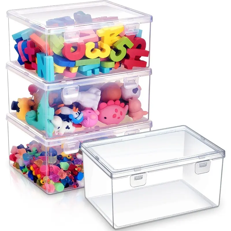 4 Pcs 7.09 x 5.2 x 3.43 Inch Clear Plastic Playroom and Gaming Storage Organizer Box Containers Stackable Storage Bins with Lids for Shelves or Cubbies Holds Puzzles Building Blocks