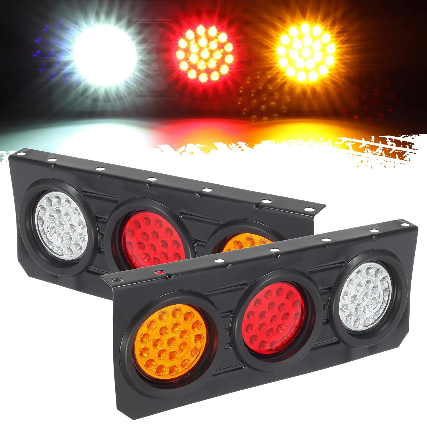 Partsam 63 LED Truck Trailer Tail Lights Bar Kit, Stop Turn Signal Brake Reverse Taillight with Iron Bracket Base Waterproof 12V-30V 4 Inch Round Led Trailer Tail Lights RV Camper Flatbed Trucks(2pcs)