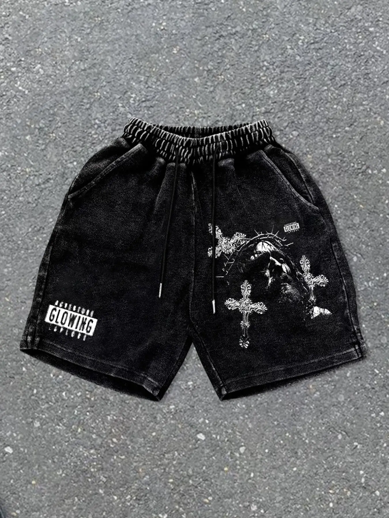 Men's retro Vintage washed denim shorts with a dark Jesus Graphic print design. Casual, regular fit with drawstring waist, suitable for everyday wear, perfect for summer men's bottoms, Aesthetic, Casual Fashion Shorts