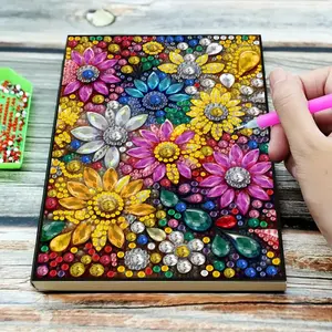 1pc DIY Flowers Diamond Painting Kits Notebooks Journal without Lines, Special Shaped Crystal Rhinestone Diamond Art Note books Kit for Writing and Drawing, Size 20.8cm*14.5cm/8.18inch*5.7inch, PU Leather Mosaic Sketchbook for Home Office Travel Daily Use