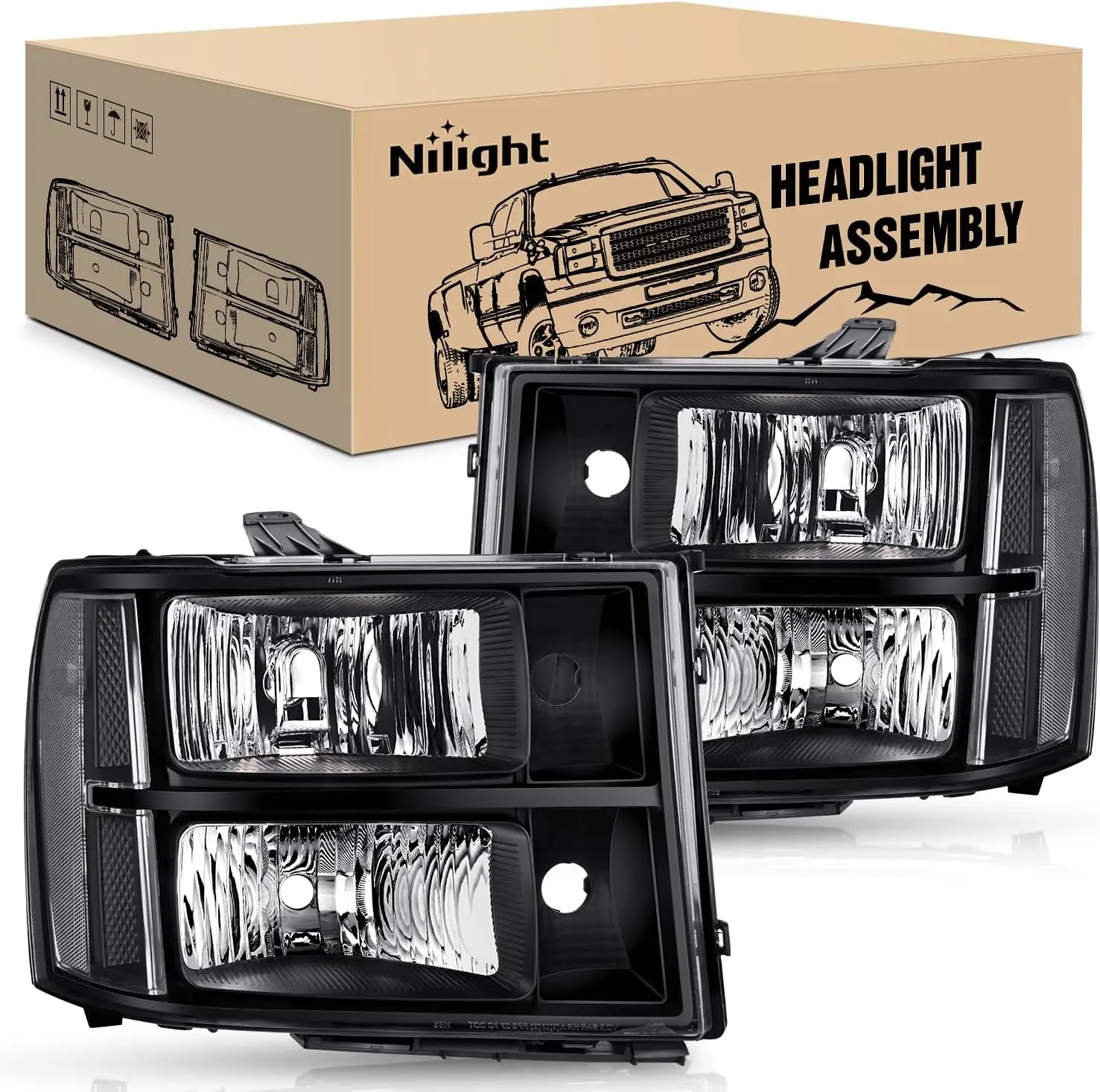 Nilight Upgraded LED Headlight Assembly Kit - Lighting Assemblies & Components for 2007,2008-2013 GMC Sierra 1500,2008-2014 GMC Sierra 2500 HD/3500 HD, Black Housing, Transparent Corner, Transparent Lens, LED Front Lights Replacement, Upgraded Headlight K