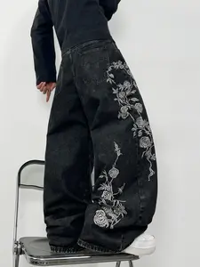 New Embroidered Men's Jeans, Street Style Rose Flower Patchwork Washed Loose Fit Wide Leg Pants, Y2K Fashion Skateboard Daily Wear