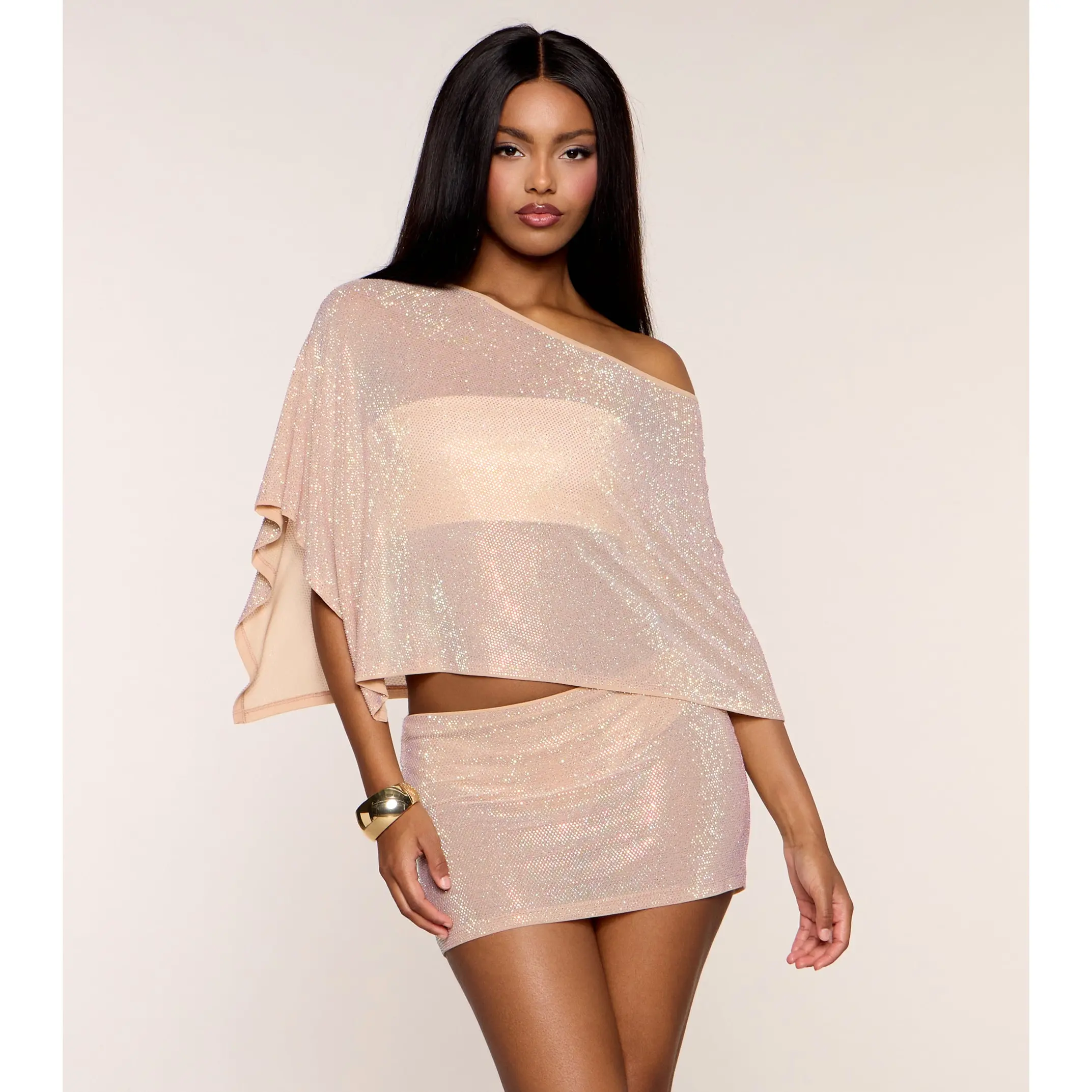 Glimmer Move Rhinestone Sheer Knit Poncho