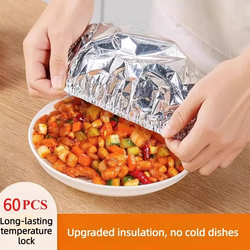 60Pcs Thermal Insulated Disposable Aluminum Foil Food Covers Keep Food Warm Upgraded Insulation Elastic Bowl Lids Tin Foil Stretch Wraps Winter Kitchen Hacks Leftover Storage Party Picnic Essentials Must Haves Cooking Home