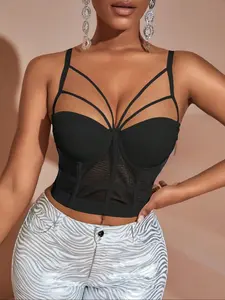 26 Valentine's Day Women's Strappy Mesh Corset Top - Sexy Bustier with Hook & Eye Back, Y2K Sexy Clubwear Crop Top