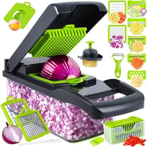 Vegetable Chopper, Pro Onion Chopper, 14 in 1 Multifunctional Food Chopper, Kitchen Vegetable Slicer Dicer Cutter, Veggie Chopper With 8 Blades, Carrot and Garlic With Container (Gray)