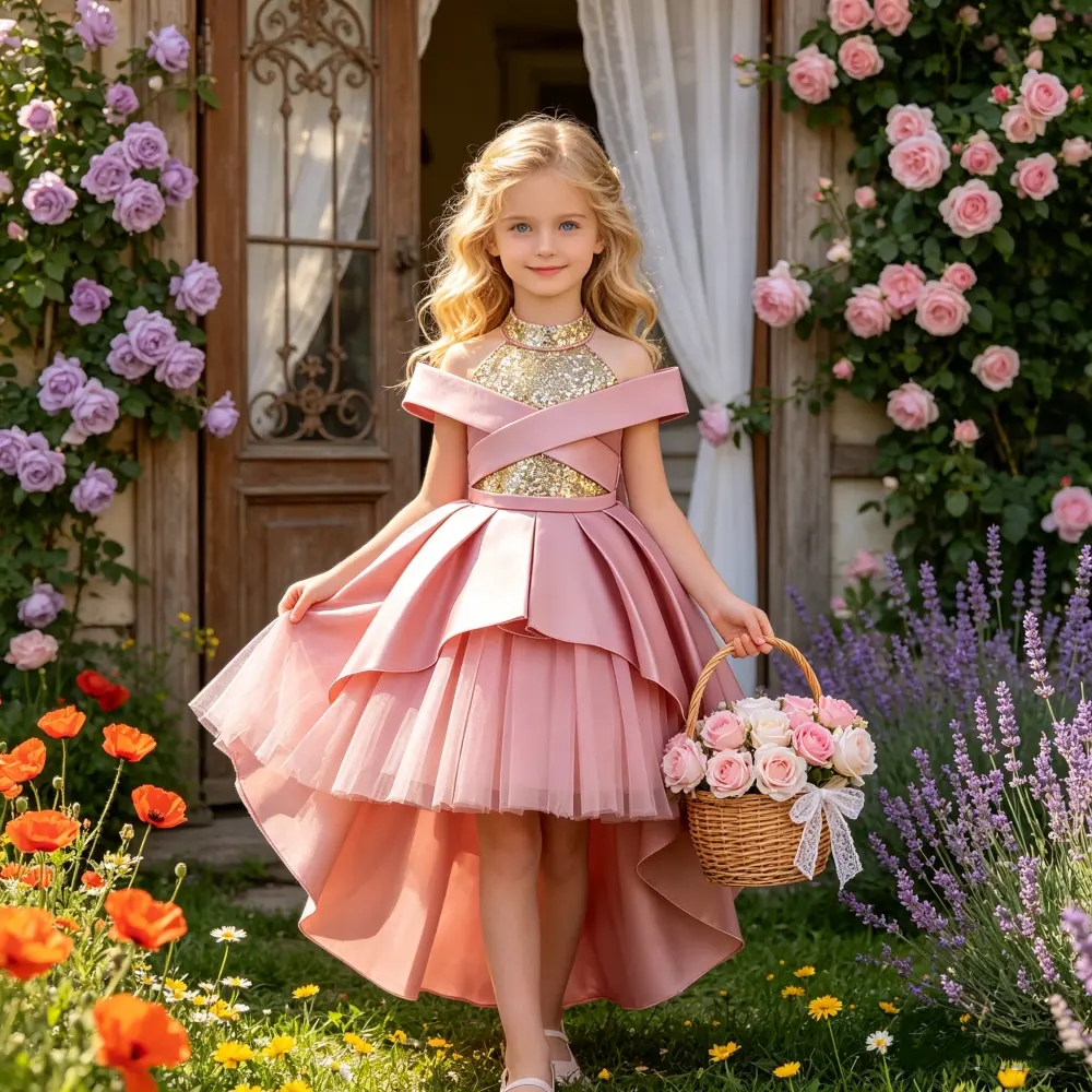 Girls' 6132 Green Train Dress - Birthday Party Dresses for Performances, Piano Parties, Girl's Birthday Gift