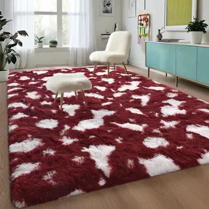 Fluffy High-Pile Shaggy Spotted Rug, Indoor Decor Carpet | Burgundy Red/Navy Blue/Grey/Green | 4x6 5x7 6x9 ft for Living Room Bedroom Bedside