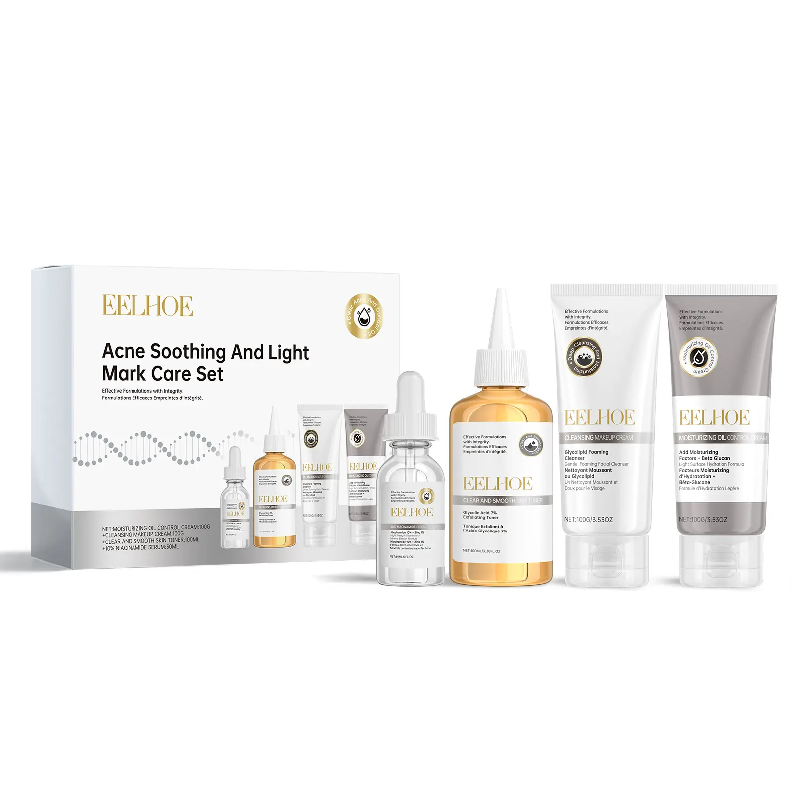 EELHOE 4-Piece Face Cleansing Kit for Acne Prone Skin - Treatment Set for Fading Scars, Skin Repair & Brightening, Sugar, Ginseng, Moisturizer, Hyaluronic, Glycolic Acid, Hydration, Youth, Nicotinamide, Liquid