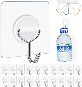 [New Deal] 20 Pack Adhesive Wall Hooks for Hanging Heavy Duty 33lb(Max), Waterproof and Rustproof Transparent Self Adhesive Hooks for Bathroom Kitchen Outdoor and Home Improvement