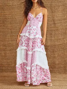 Women Boho Tie Shoulder Maxi Dress Y2k Floral Smocked Long Dress Sleeveless Flowy Summer Beach Sundress Lightweight