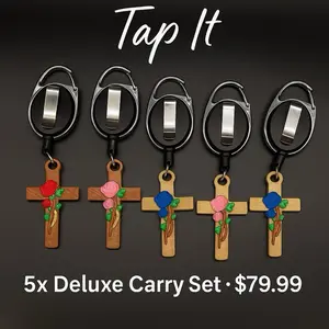 Tap It 5 Pack Cross Keychain Set Deluxe Collection with Colorful Roses & Retractable Clips for Everyday Carry Car Keys Backpacks or Gifts