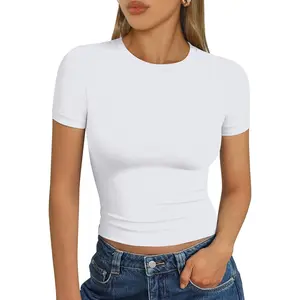 Womens Short Sleeve T Shirts - Buttery Soft Summer Crop Tops Slim Fit Basic Tees for Workout