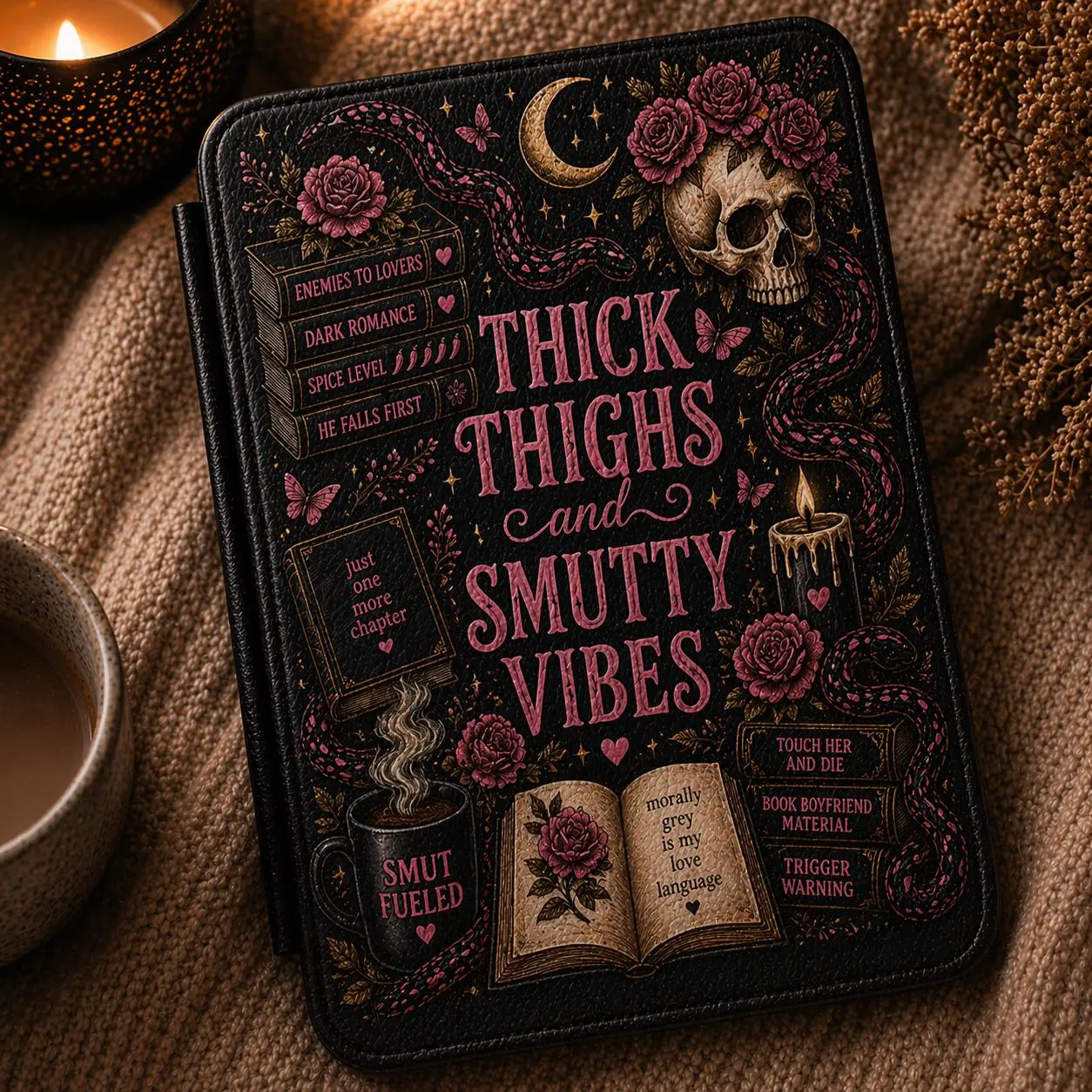 Thick Thighs and Smutty Vibes Kindle Case | Gothic Roses Skull Candle Design