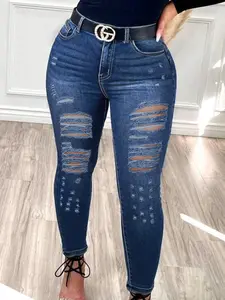 Plus Size High Waisted Denim Jeans, Sexy Tight-Fitting Casual Everyday Ripped Skinny Pants, Washable Stretchy Elastic Women's Fashion for All Seasons, Slim, Womenswear