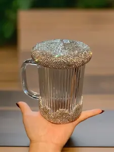 Starry Home Banquet High-Heeled Glass Cup with Diamond Embellishment Lid, Portable Large Capacity Beer Water Cup, Stylish Household Drinkware