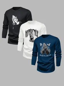 Men's Classic 3-Piece Set Letter Print Streetwear Long Sleeve T-Shirts, Casual Fitted Tops for Spring & Fall, Comfortable Moderate Fabric
