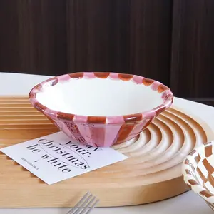 Rose Striped Ceramic Bowl, Creative Hand-Painted Chessboard Design, Elegant Dessert Bowl, Serving Bowl for Home, Restaurant, Coffee Shop, Gift Idea, Ceramic Salad Bowls, Ceramics Tableware