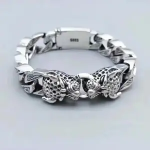 Tiger Head Bracelet Vintage Thai Style Jewelry 925 Sterling Silver Chunky Chain Bracelet Street Party Club Fashion Gift For Men Unisex Trendy Cool Bold Statement Accessories