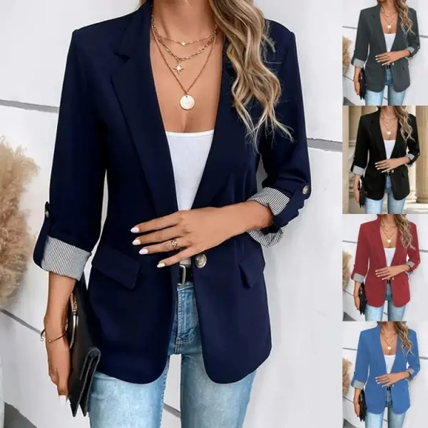 Women's Casual Blazer Button Up Slim Fit 3/4 Rolled Sleeve Jacket with Pockets for Work Office or Daily Wear