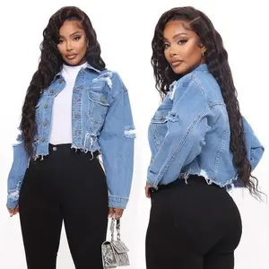 Women's 2026 New Solid Color Ripped Jean Jacket - Long Sleeve All-Season Fitted Short Outerwear, Hip-Hop Street Style Casual Women's Clothes with Torn Holes