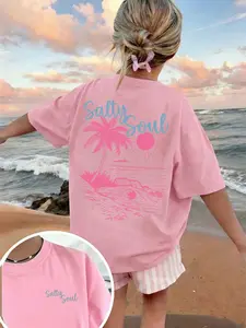 Tween Girls Tropical Print Crew Neck Short Sleeve T-Shirt, Summer Tops