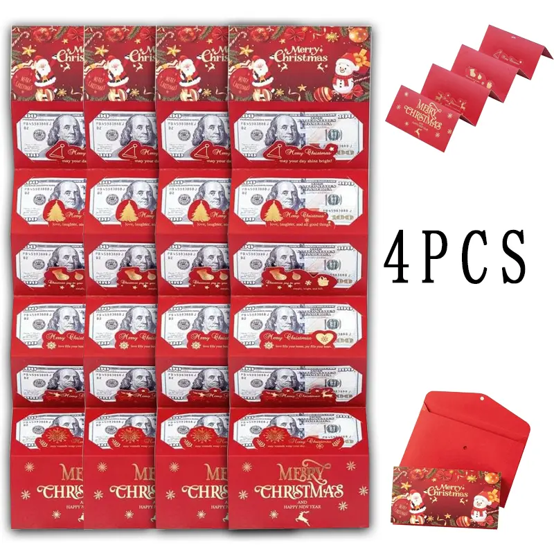 4PCS Thick Paper Christmas Cash Gift Envelopes - Classic Christmas Design, Festive Patterns, Tear-Resistant, 10 Individual Slots, Waist Belt, Cartoon Greeting Card, 7.5x5.1in, for Colleagues, Family Members
