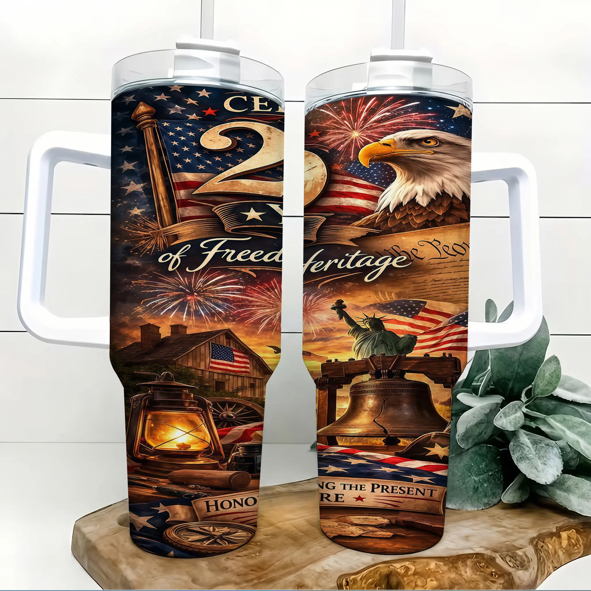 40oz Wide Mouth Stainless Steel Insulated Vacuum Flask - USA 250th Anniversary 1776-2026 Patriotic, American Flag Eagle Liberty Bell, Handle & Straw, Military Veteran Dad Gift, Portable Water Bottle