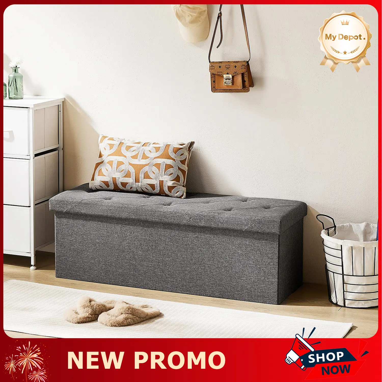 Rectangular Fabric Cover Foldable Storage Ottoman Bench - Easy Setup, Padded Seat, Large Storage, End-of-Bed Chest for Bedroom, Living Room Indoor Furniture Stool