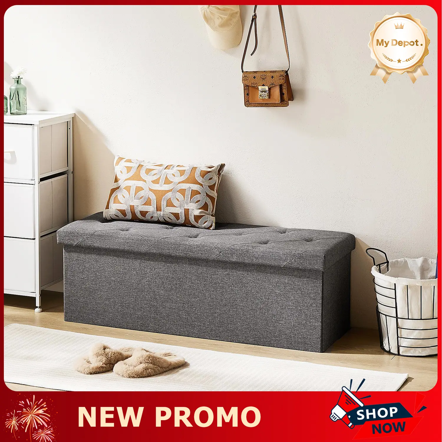 Storage Ottoman Bench, Folding Ottoman Stool, Storage Chest, End of Bed Bench, Padded Seat for Bedroom, Living Room