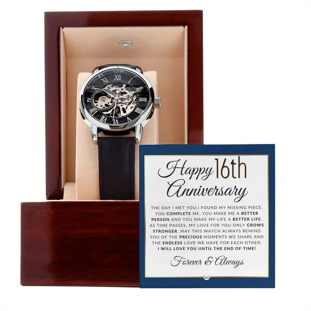 Male Classic Automatic Mechanical Watch - Water Resistant, Openwork Skeleton Design, Leather Accents, Mineral Glass + LED Watch Box with Luxury Packaging, Printed-To-Order Message Card - 16-Year Anniversary Gift for Husband, Gift for 16th Anniversary