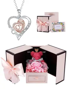 Mommy & Me Love Heart Necklace Set with Moss Bear Rose Jewelry Box, Elegant Copper Pendant Necklaces, Perfect Gift for Mother's Day Birthday Christmas