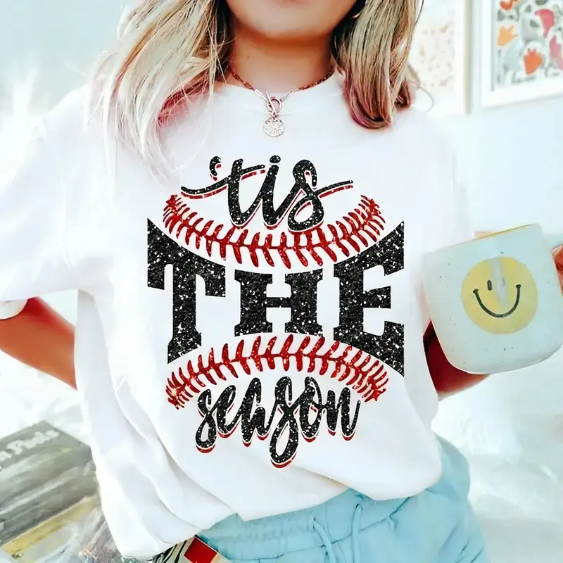 Women's Sports Game Day Short-Sleeve T-Shirt - Faux Glitter Tis The Season Baseball Tee, Lady's Round Neck Casual Outfit, Sports Team Mom Family Top (Women's Clothes), Baseball Jersey Sports T-Shirt, Casual Sports T-Shirt