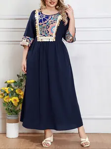 Women's Vintage Ethnic Patchwork Tunic Dress, Boho Style Womenswear, Fitted Waist, Three Quarter Sleeves, Casual Fall & Winter, Breathable and Comfortable