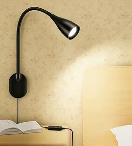 Wall-Mounted LED Bedside Reading Light - USB Charging Port, 5 Color Modes, 10-Level Dimmable, Plug-In Adhesive Night Lamp, Eye-Caring, Romantic Bedroom Accessories (Black)