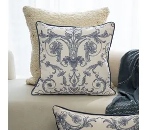 Ox Bay Blue/Ivory Damask Recycled P.E.T. Throw Pillow, 24"x24"