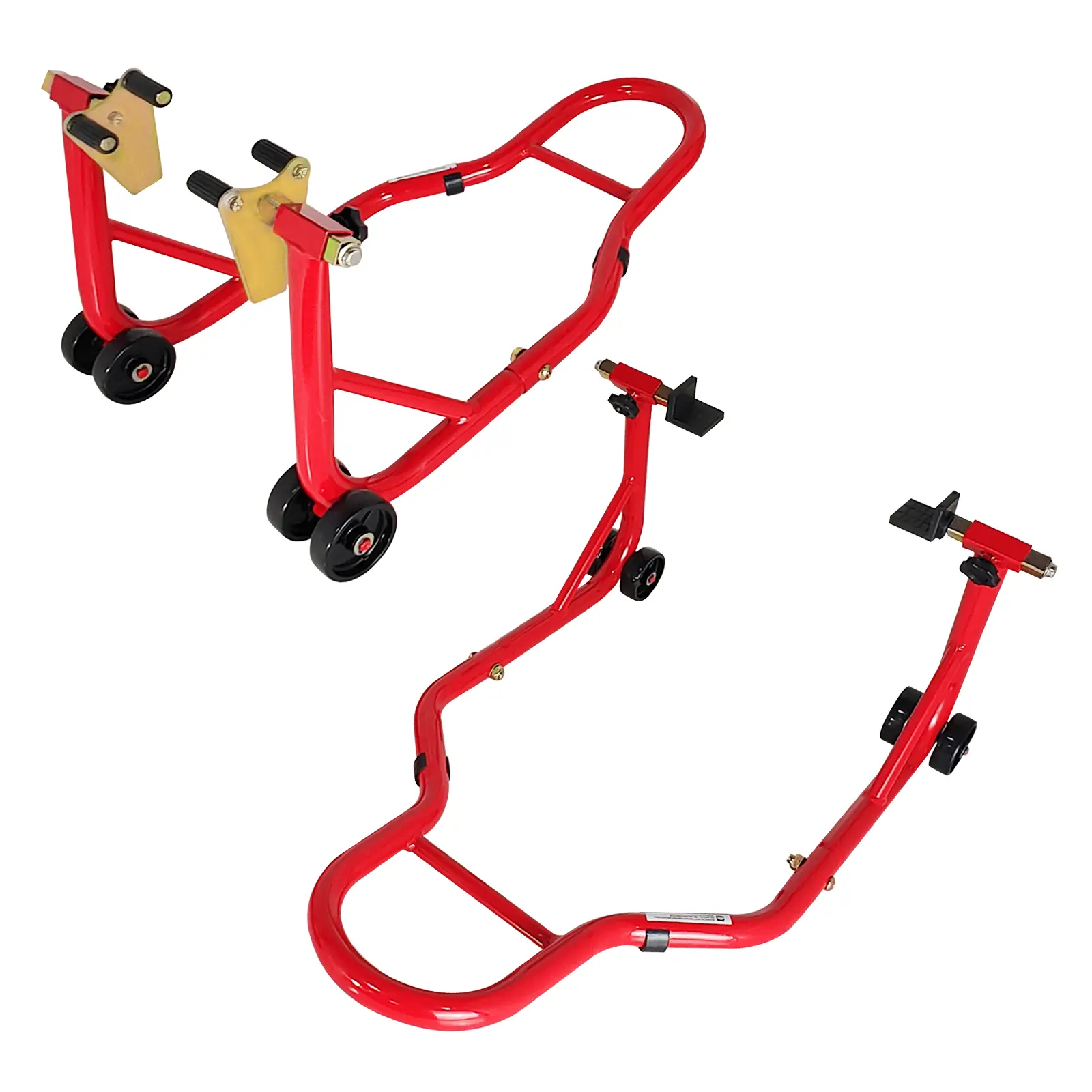 Heavy-Duty 900 lbs Motorcycle Stand Combo, globally adjustable front and rear wheel paddock lift with U & L spool adapters. Ideal for motorcycle maintenance and cleaning, compatible with most bike models, comes in red and yellow