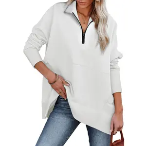 DOKOTOO Women's Casual Oversized Half Zip Sweatshirts Long Sleeve Solid Color Pullover Jackets with Pockets Lightweight Soft Material Minimalist Style