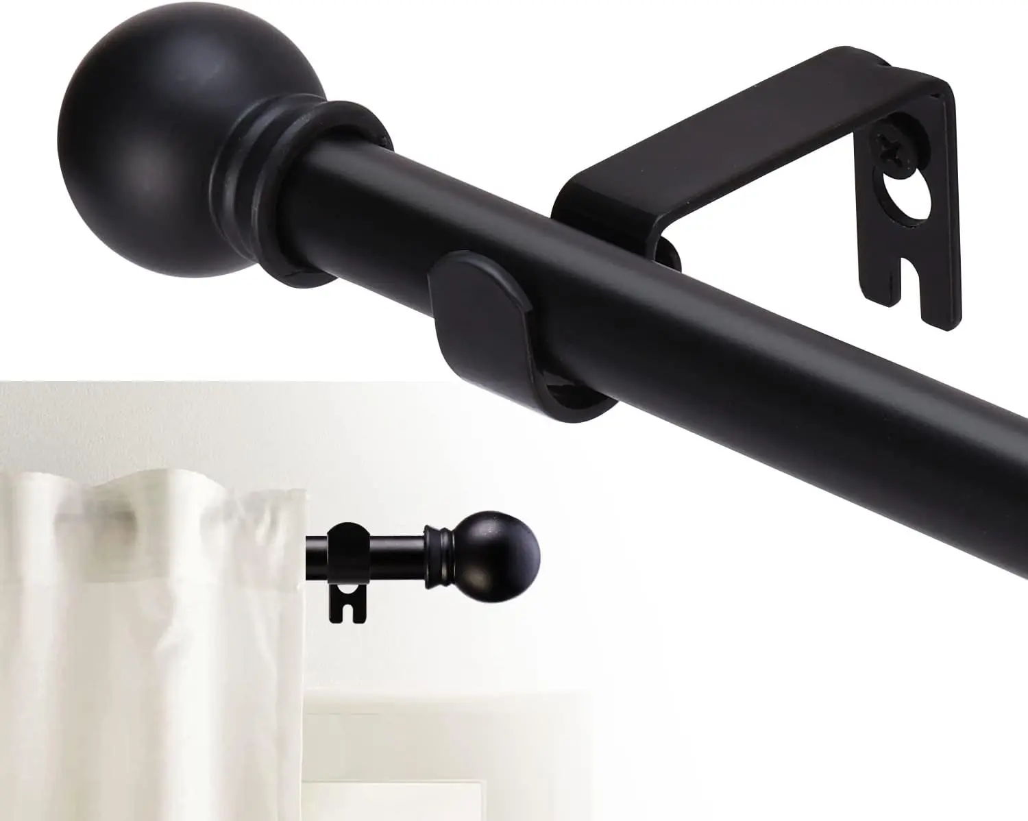 Modern Design 5/8 Inch Matte Black Splicing Heavy Duty Metal Curtain Rod Set for Windows 32-48 Inch with Brackets & 3M Adhesive Brackets